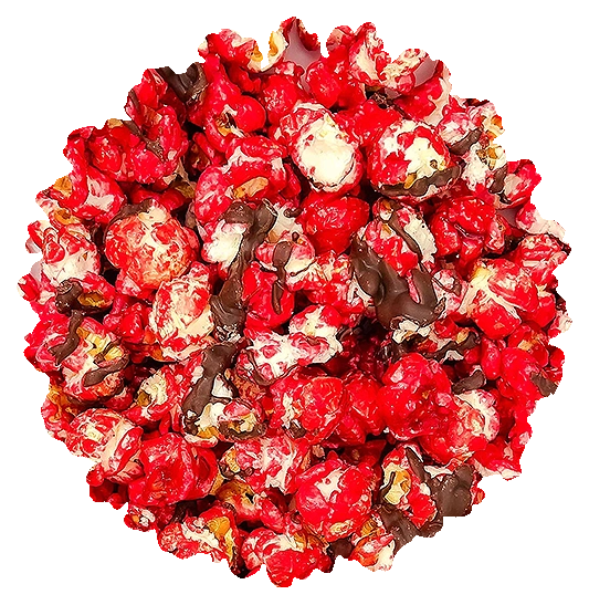 Chocolate Covered Cherry gourmet popcorn in a resealable gourmet tub from Best Darn Kettlecorn