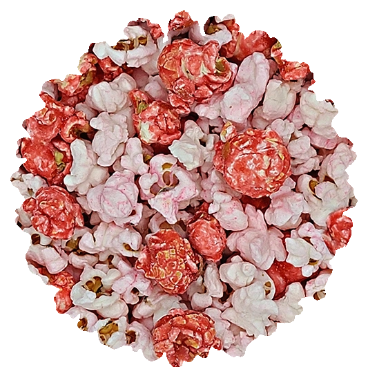 Strawberries and Cream gourmet popcorn in a resealable gourmet tub from Best Darn Kettlecorn